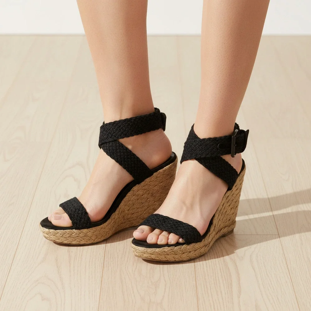 Stuart Weitzman Black Tan Woven Espadrille Wedges | Regular US10